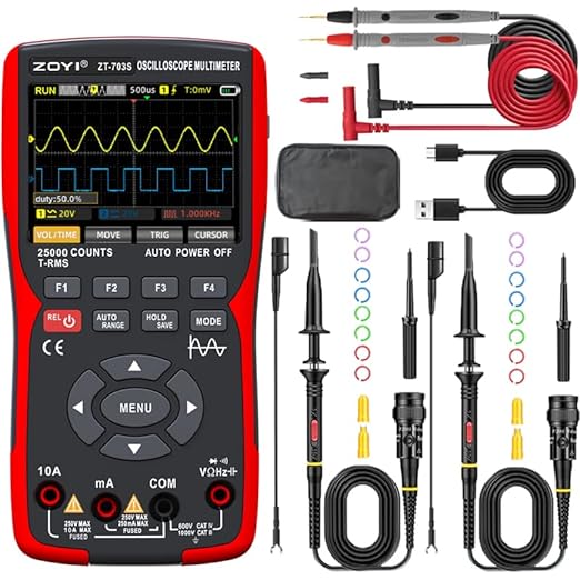 ZOYI ZT-703S 3 in 1 Oscilloscope Multimeter with 3.5 Inch IPS Display,25000 Counts, Dual Channel 50MHZ Bandwidth,280MSa/s High Real-time Sampling Rate,±400V Input Voltage,Measures Ohm-Volt-Tester