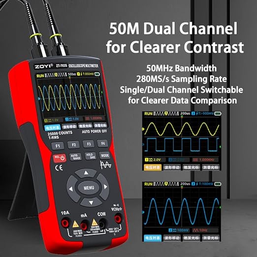 ZOYI ZT-703S 3 in 1 Oscilloscope Multimeter with 3.5 Inch IPS Display,25000 Counts, Dual Channel 50MHZ Bandwidth,280MSa/s High Real-time Sampling Rate,±400V Input Voltage,Measures Ohm-Volt-Tester