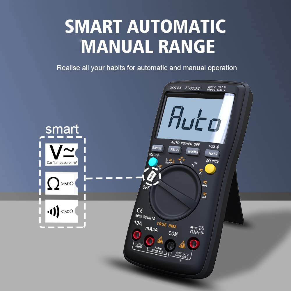 ZT-300AB Bluetooth Digital multimeter Tester Multi Testers True RMS Tester Automatic Mode Counts Measures Voltage Current Resistance Capacitance Frequency Temperature diode Meter