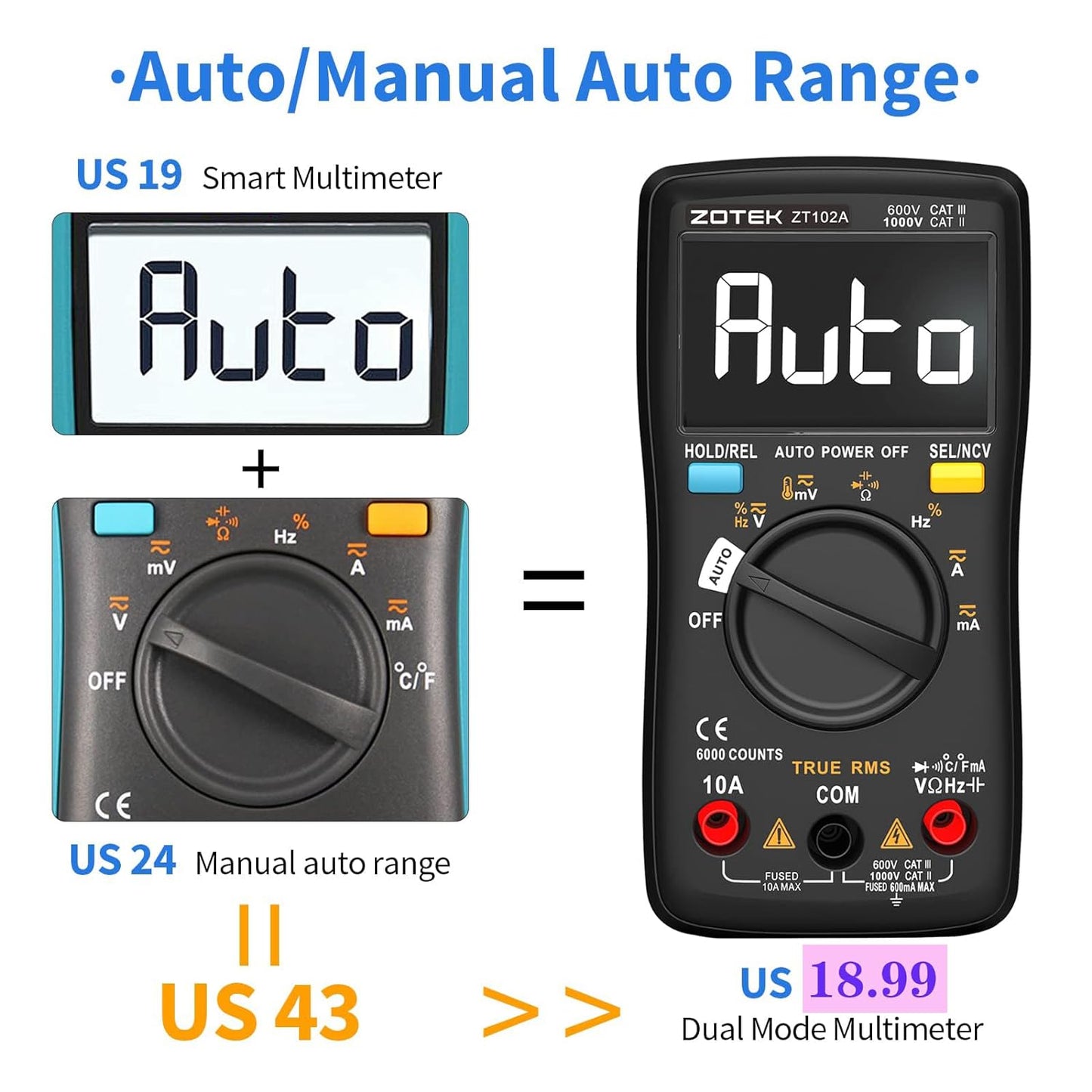 [AMZ FBA Shipping]  ZT-102A Digital multimeter auto ranging Multimeter Smart+Automatic Range 6000 Counts multimeter diode (Copy)