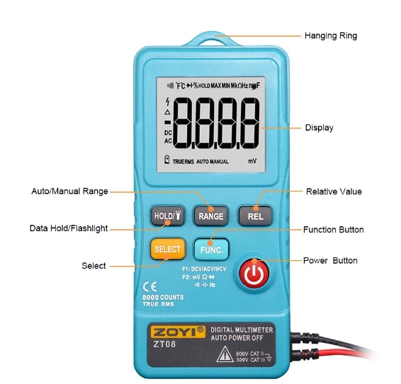 ZOYI ZT08 Digital Multimeter True-RMS Tester Meter 8000 Counts AC/DC Voltmeter Ohm Voltage Transistor Testers Auto Multimetro