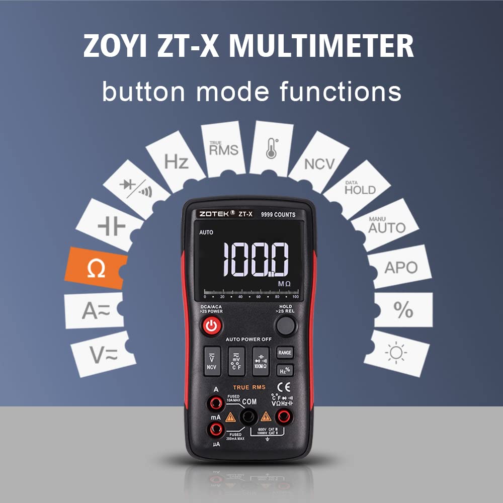 ZT-X Digital Multimeter 9999 Counts AC DC Voltmeter and Ohm Volt AMP Automatic Range Tester;Button Multimeter Measures Current Capacitance Temperature,Non Current Mode AC550V Anti-Burning