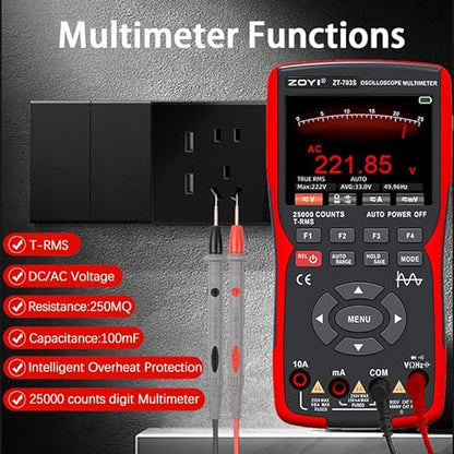 ZOYI ZT-703S 3 in 1 Oscilloscope Multimeter with 3.5 Inch IPS Display,25000 Counts, Dual Channel 50MHZ Bandwidth,280MSa/s High Real-time Sampling Rate,±400V Input Voltage,Measures Ohm-Volt-Tester