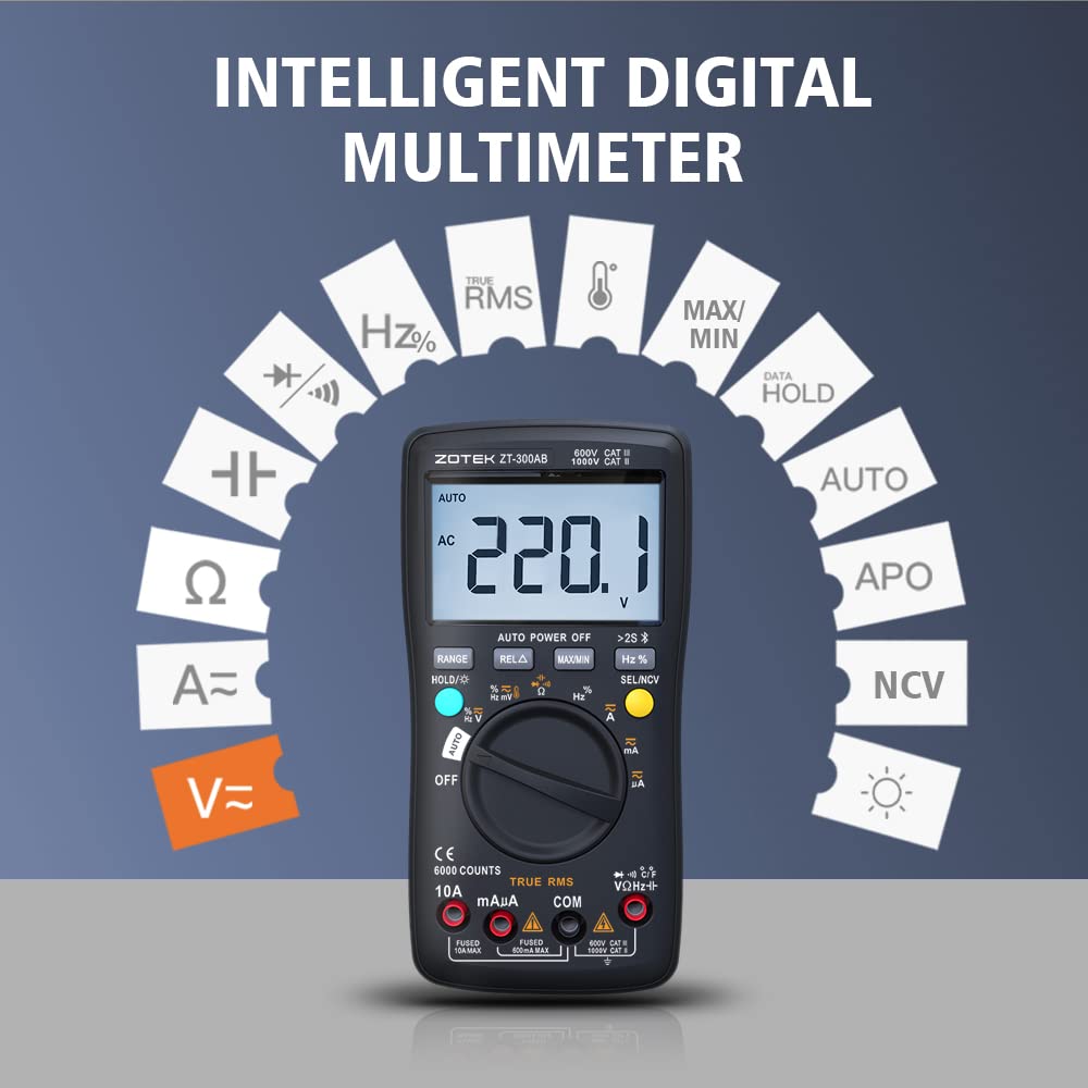 ZT-300AB Bluetooth Digital multimeter Tester Multi Testers True RMS Tester Automatic Mode Counts Measures Voltage Current Resistance Capacitance Frequency Temperature diode Meter
