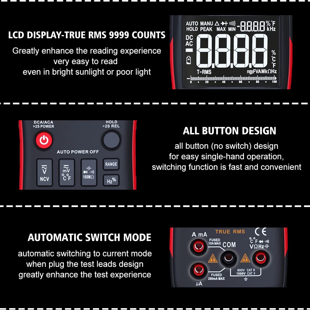 ZT-X Digital Multimeter 9999 Counts AC DC Voltmeter and Ohm Volt AMP Automatic Range Tester;Button Multimeter Measures Current Capacitance Temperature,Non Current Mode AC550V Anti-Burning