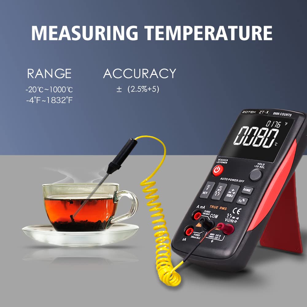 ZT-X Digital Multimeter 9999 Counts AC DC Voltmeter and Ohm Volt AMP Automatic Range Tester;Button Multimeter Measures Current Capacitance Temperature,Non Current Mode AC550V Anti-Burning