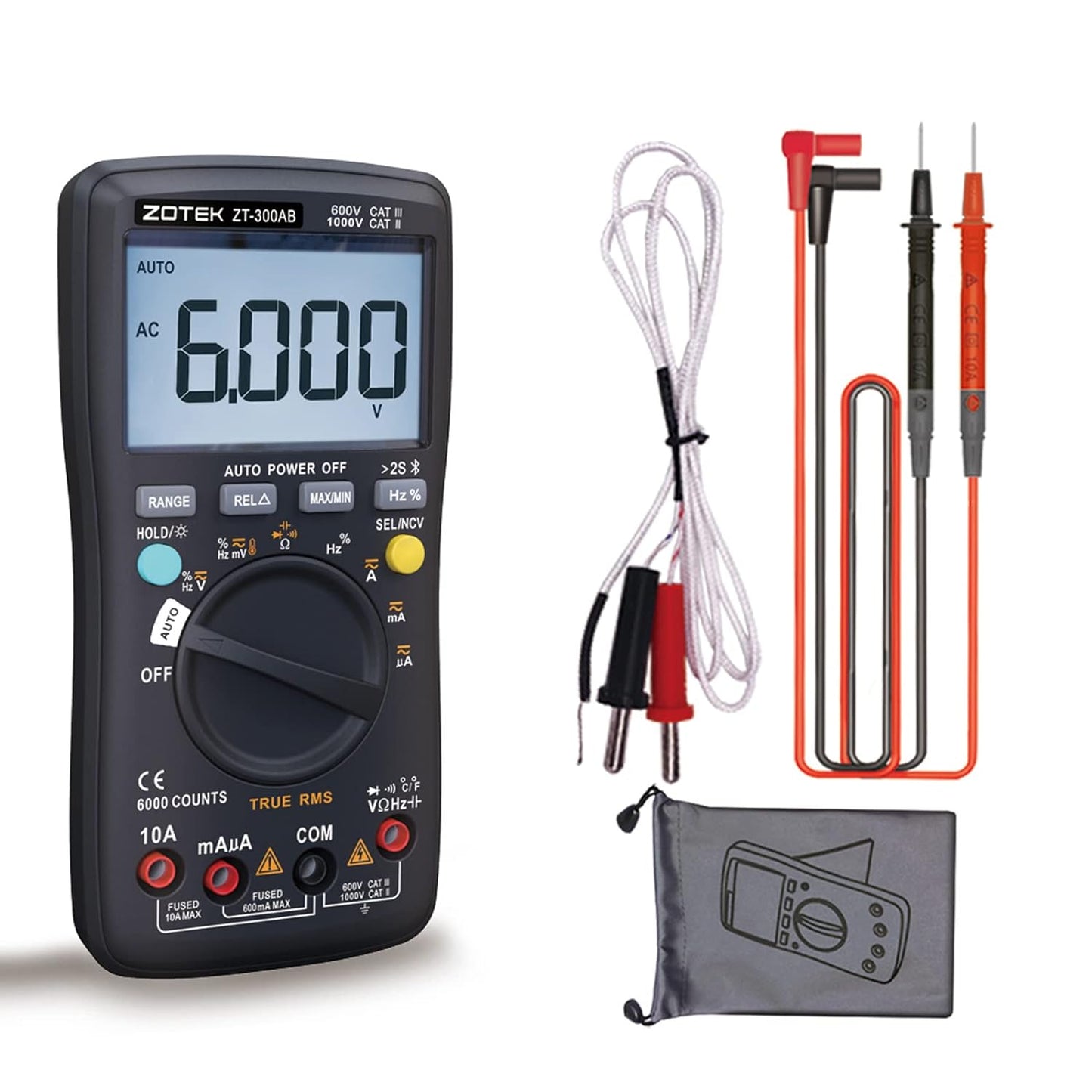 ZT-300AB Bluetooth Digital multimeter Tester Multi Testers True RMS Tester Automatic Mode Counts Measures Voltage Current Resistance Capacitance Frequency Temperature diode Meter