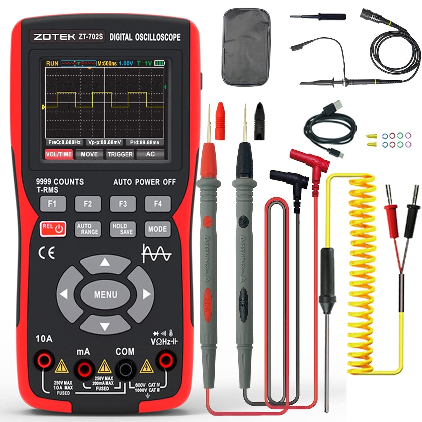 [AMZ FBA Shipping]  ZT-702S 2-in-1 Oscilloscope Multimeter with 2.8 Inch IPS Display,9999 Counts, Single Channel 10MHZ Bandwidth,48MSa/s High Real-time Sampling Rate,±400V Input Voltage,Measures Ohm-Volt-Tester (Copy)