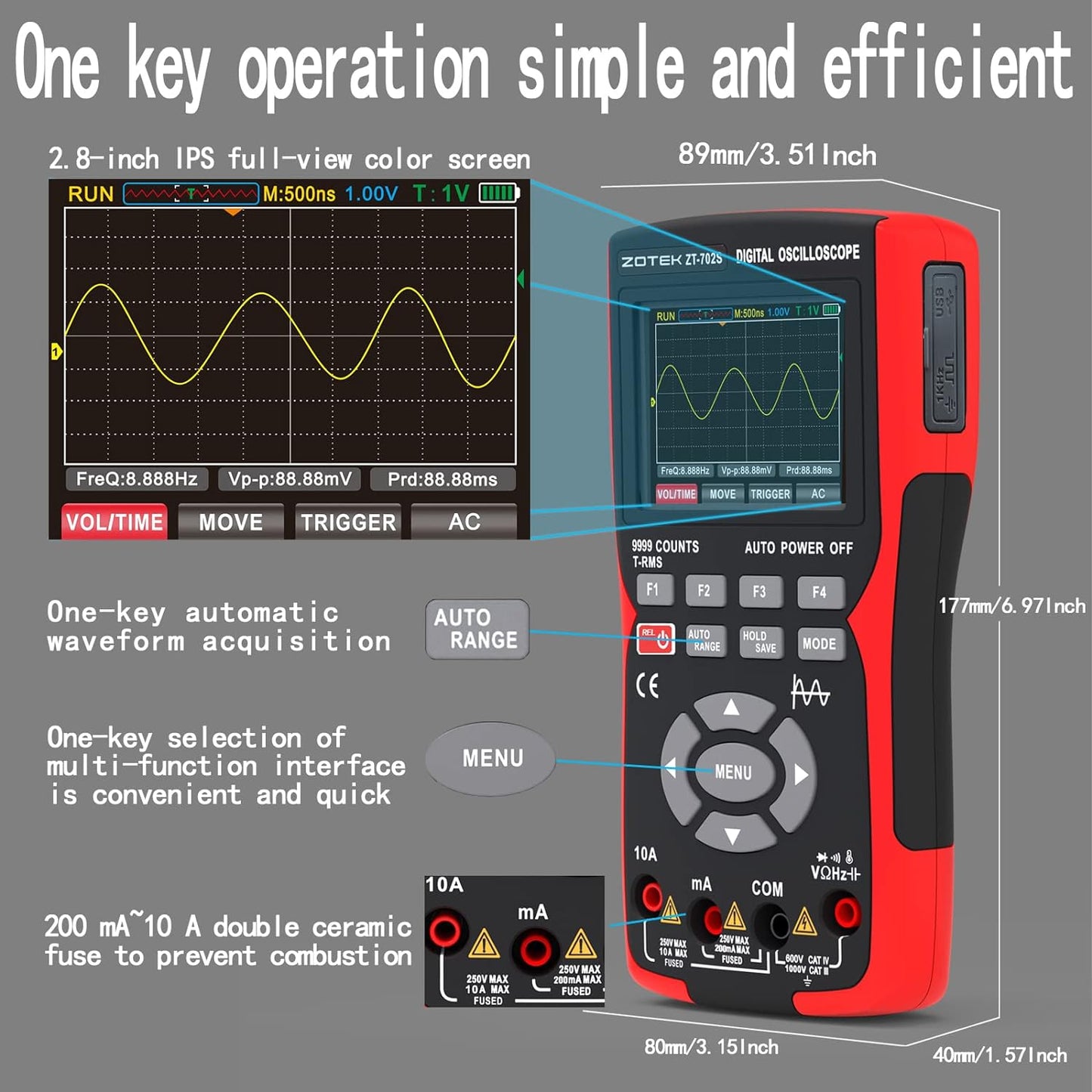 ZT-702S 2-in-1 Oscilloscope Multimeter with 2.8 Inch IPS Display,9999 Counts, Single Channel 10MHZ Bandwidth,48MSa/s High Real-time Sampling Rate,±400V Input Voltage,Measures Ohm-Volt-Tester