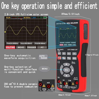 [AMZ FBA Shipping]  ZT-702S 2-in-1 Oscilloscope Multimeter with 2.8 Inch IPS Display,9999 Counts, Single Channel 10MHZ Bandwidth,48MSa/s High Real-time Sampling Rate,±400V Input Voltage,Measures Ohm-Volt-Tester (Copy)