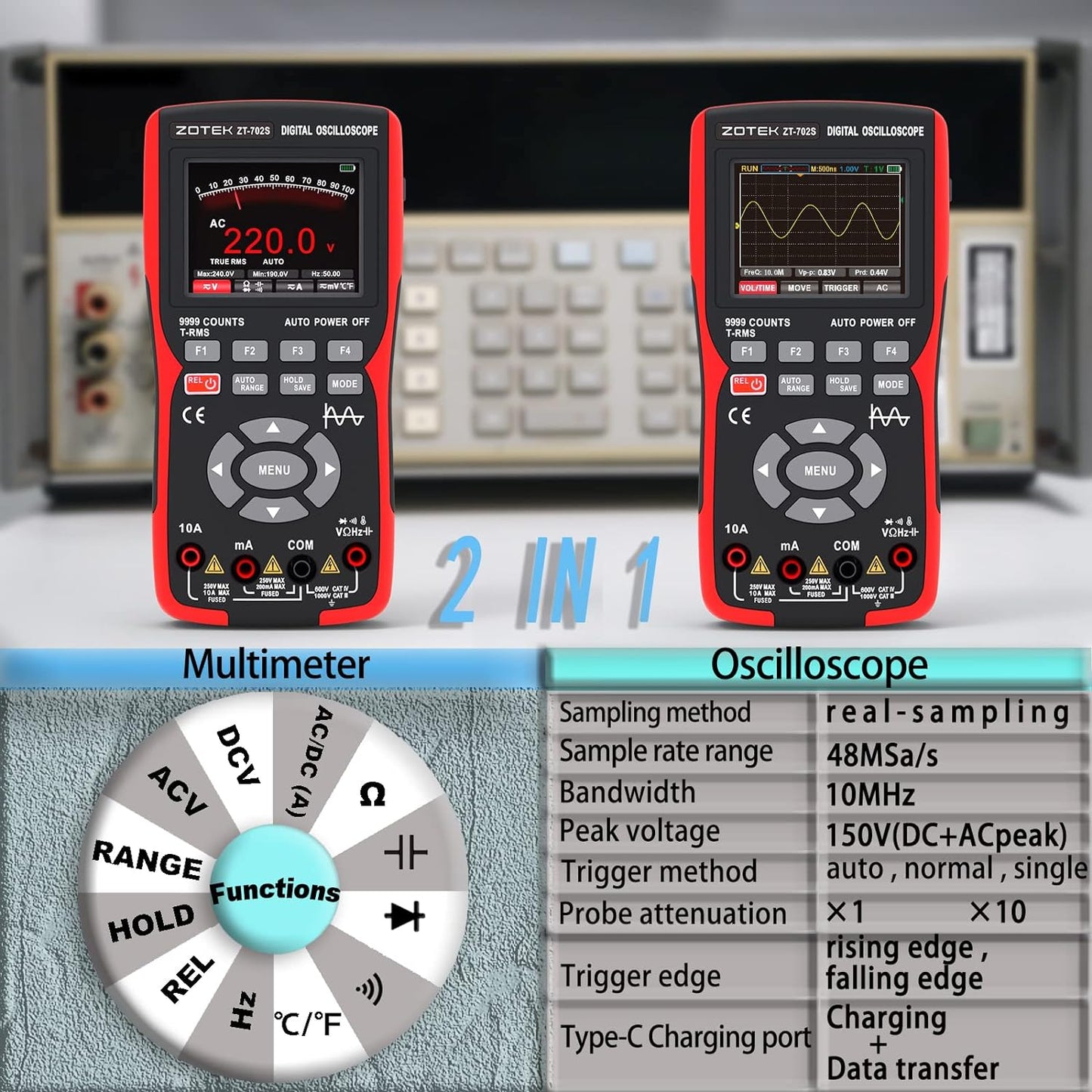 [AMZ FBA Shipping]  ZT-702S 2-in-1 Oscilloscope Multimeter with 2.8 Inch IPS Display,9999 Counts, Single Channel 10MHZ Bandwidth,48MSa/s High Real-time Sampling Rate,±400V Input Voltage,Measures Ohm-Volt-Tester (Copy)