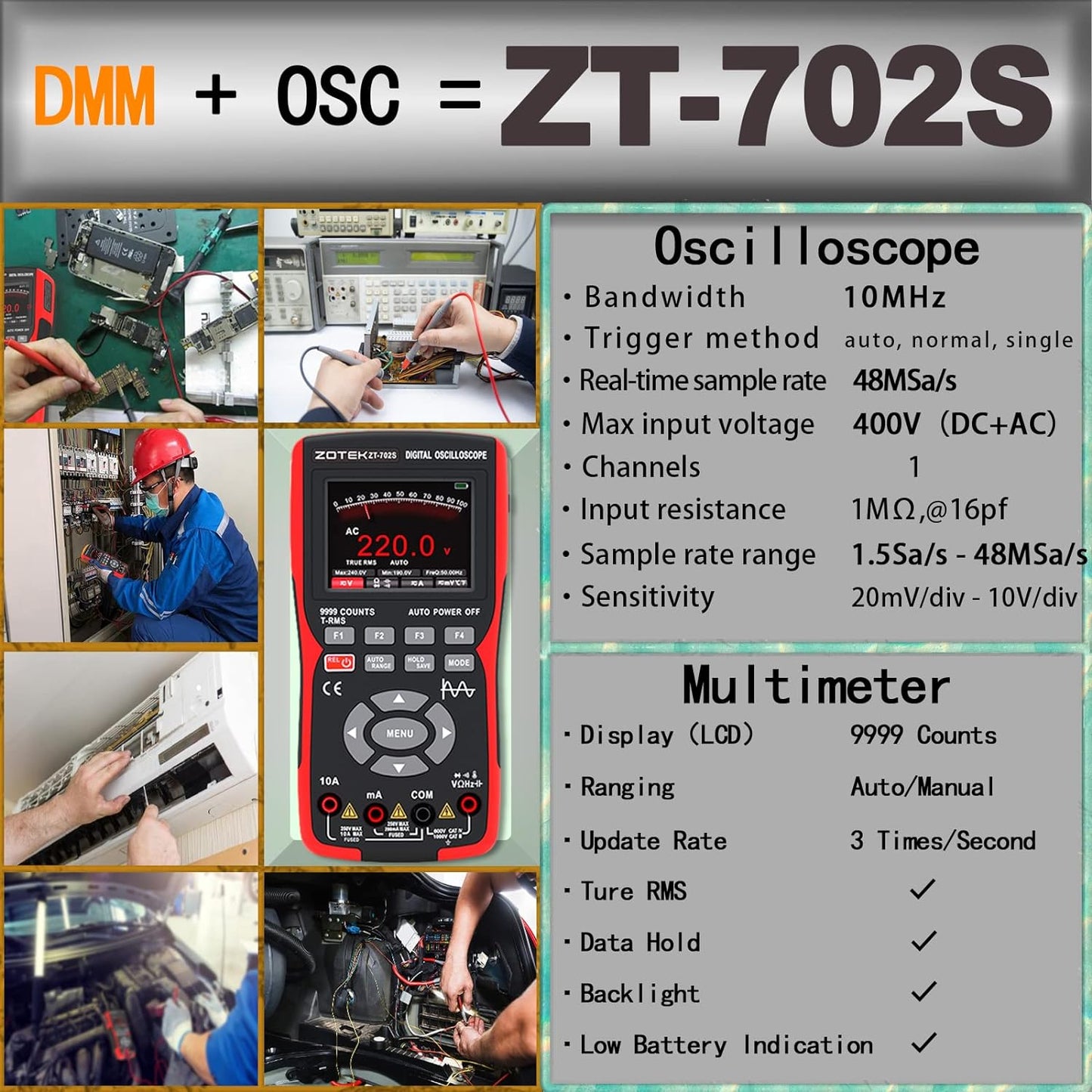 [AMZ FBA Shipping]  ZT-702S 2-in-1 Oscilloscope Multimeter with 2.8 Inch IPS Display,9999 Counts, Single Channel 10MHZ Bandwidth,48MSa/s High Real-time Sampling Rate,±400V Input Voltage,Measures Ohm-Volt-Tester (Copy)