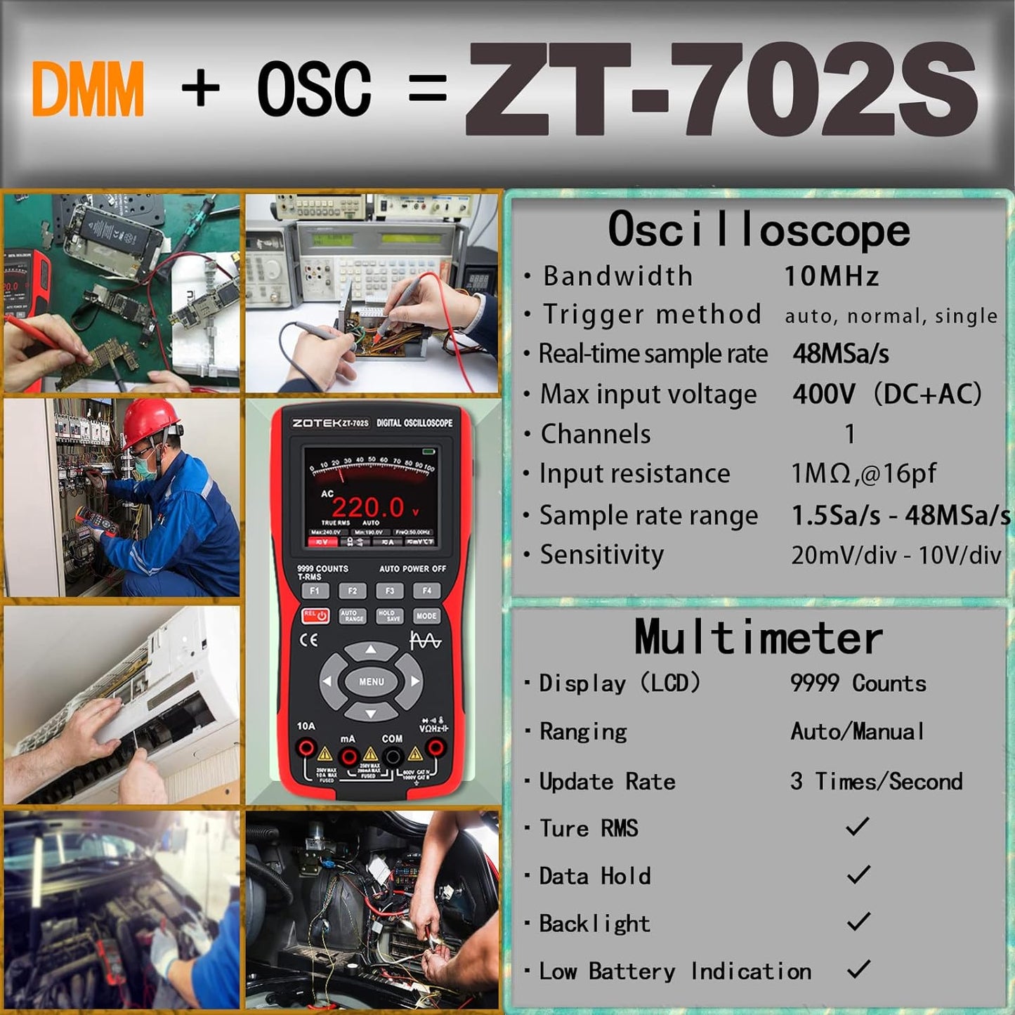 ZT-702S 2-in-1 Oscilloscope Multimeter with 2.8 Inch IPS Display,9999 Counts, Single Channel 10MHZ Bandwidth,48MSa/s High Real-time Sampling Rate,±400V Input Voltage,Measures Ohm-Volt-Tester